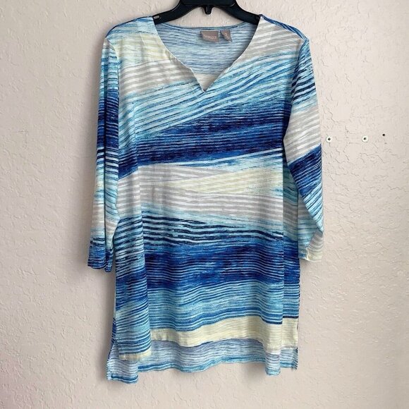 Chico’s Top Womens Large Blue White Watercolor Asymmetrical Abstract Stripe - Picture 1 of 8